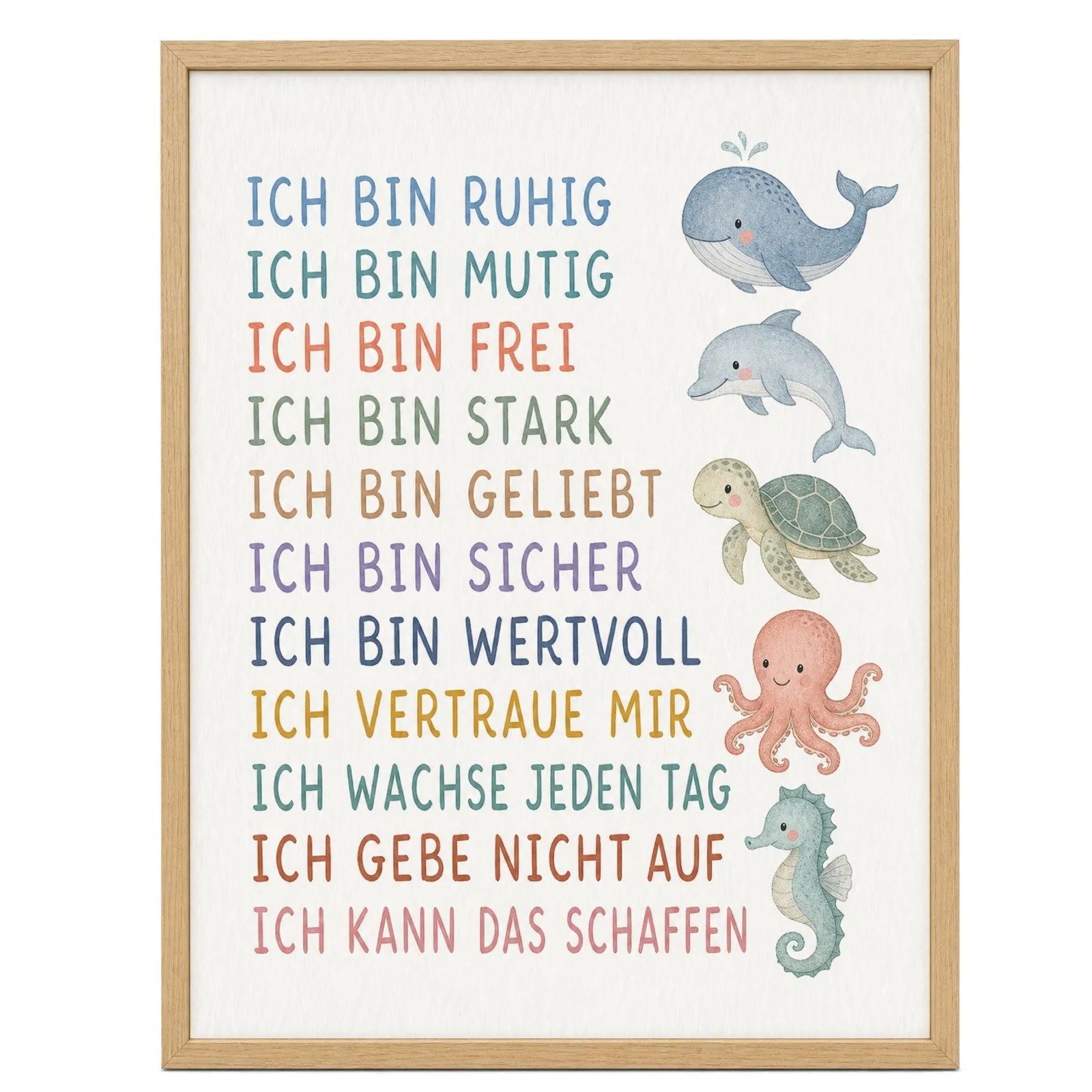 Affirmationsposter Kinderzimmer Meerestiere, im Mädchenzimmer