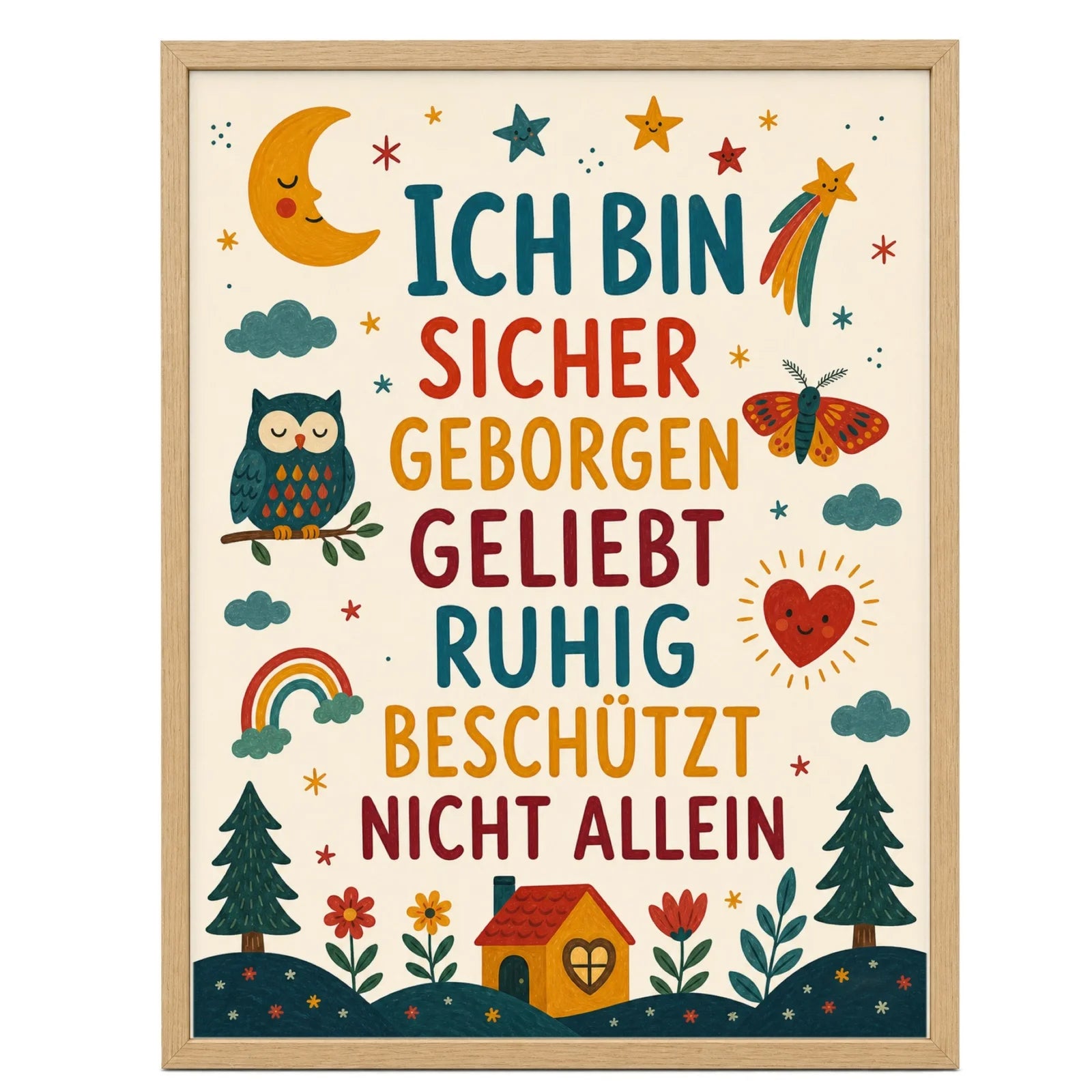 Affirmationsposter Kinderzimmer Nachthimmel Ich bin sicher, im Mädchenzimmer