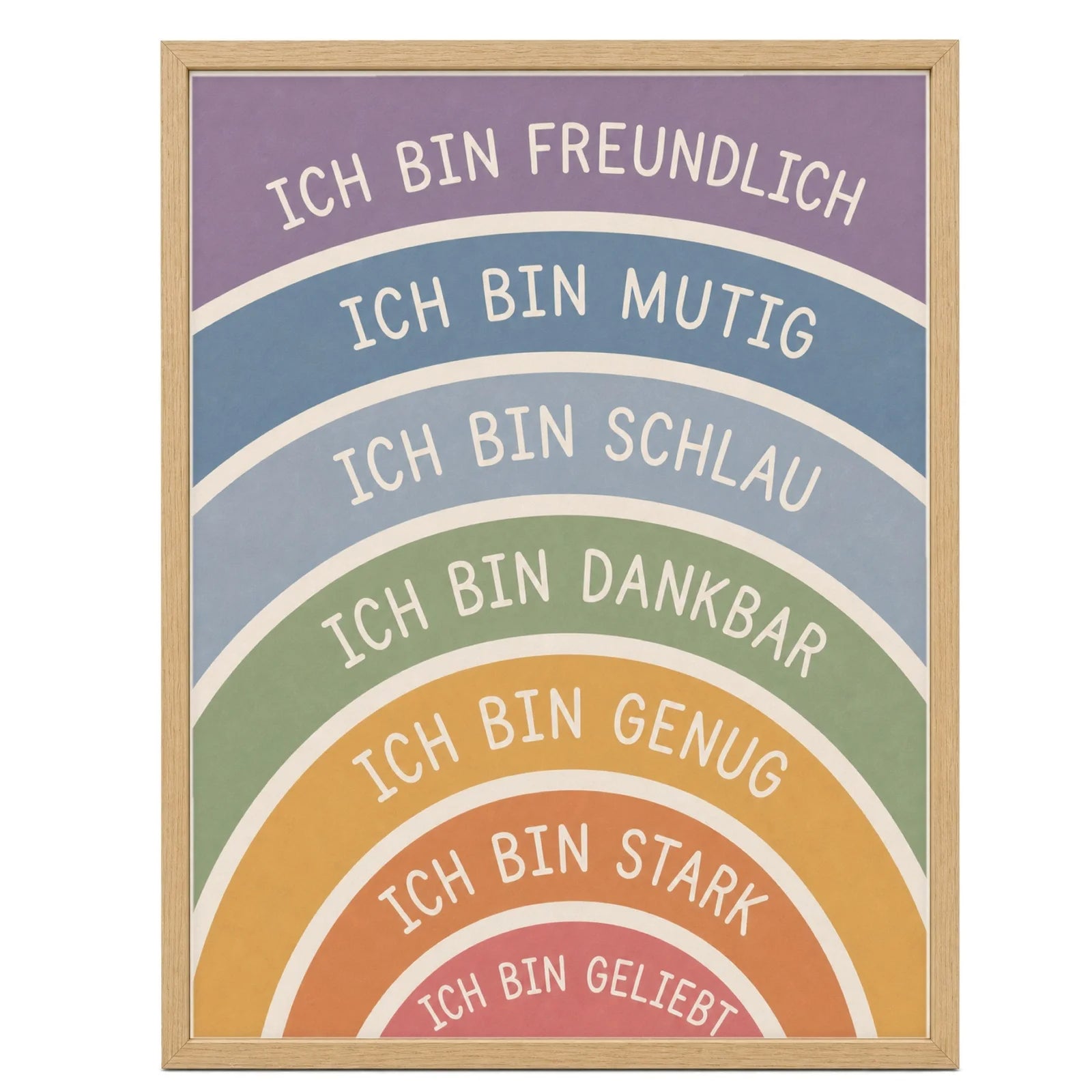 Affirmationsposter Kinderzimmer Regenbogen Ich bin freundlich, im Mädchenzimmer