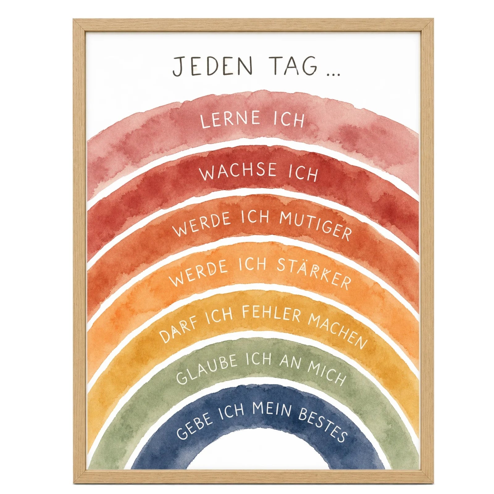Affirmationsposter Kinderzimmer Regenbogen Jeden Tag, im Mädchenzimmer