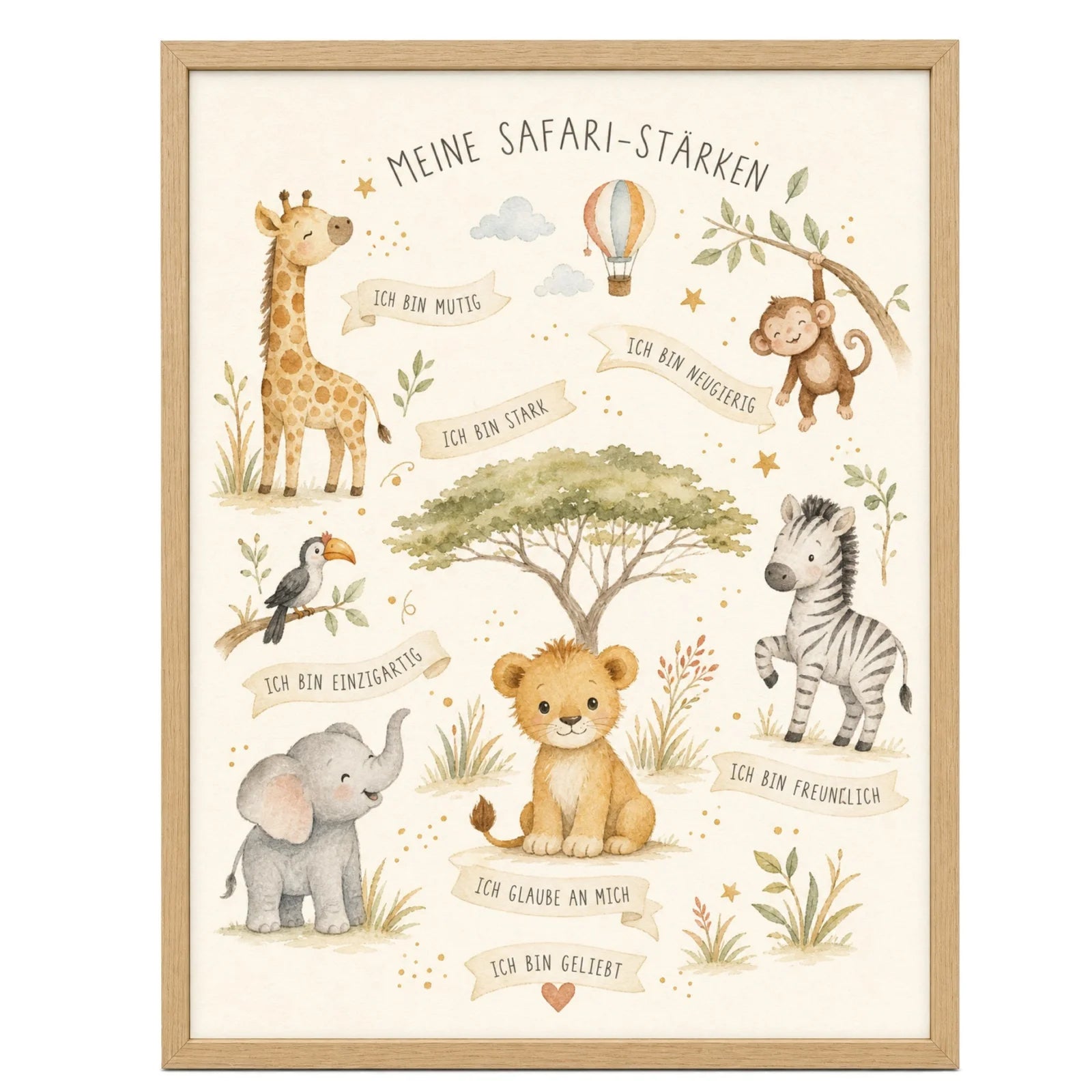 Affirmationsposter Kinderzimmer Safari-Stärken, im Mädchenzimmer