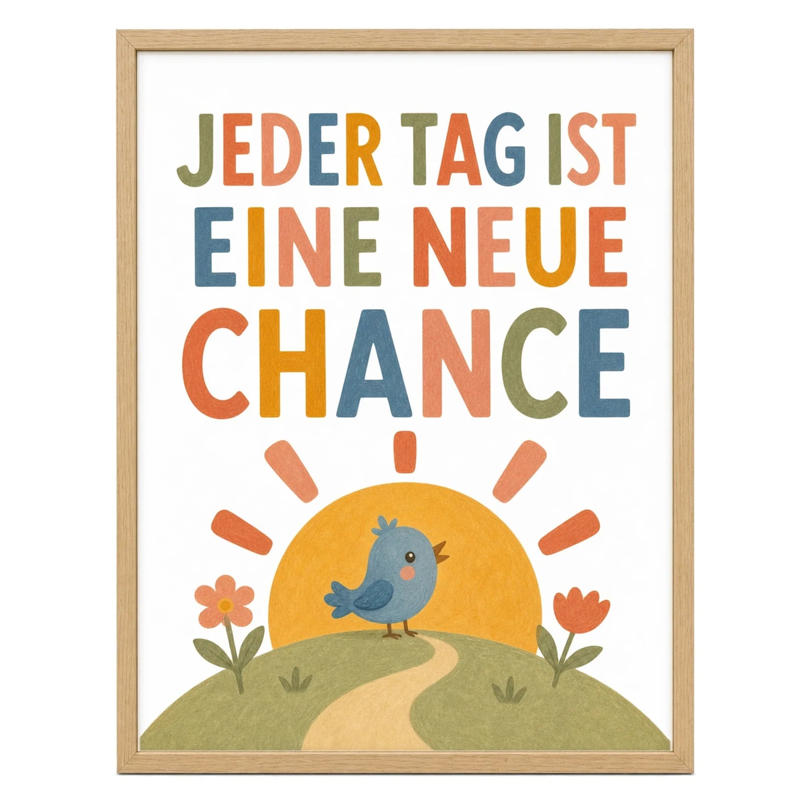 Affirmationsposter Kinderzimmer Vogel Jeder Tag neue Chance, im Mädchenzimmer