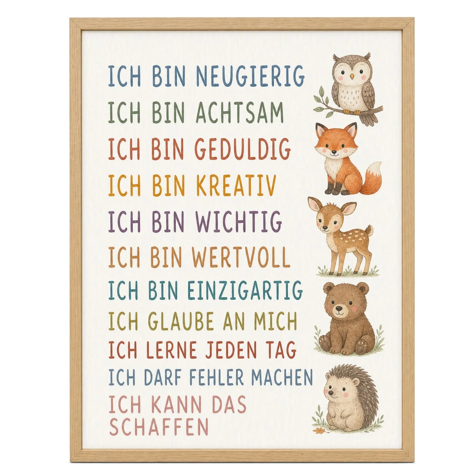 Affirmationsposter Kinderzimmer Waldtiere, im Mädchenzimmer