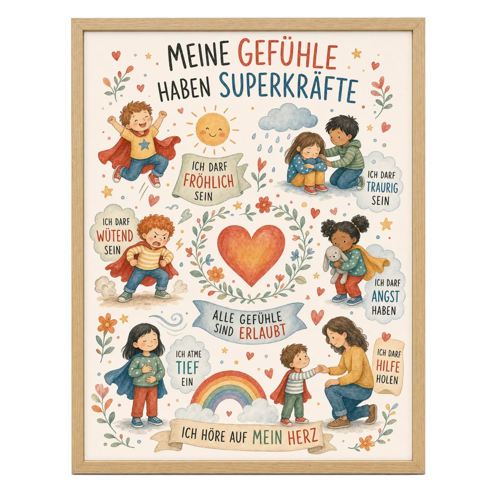 Affirmationsposter Kinderzimmer Wimmelbild Gefühle, im Mädchenzimmer