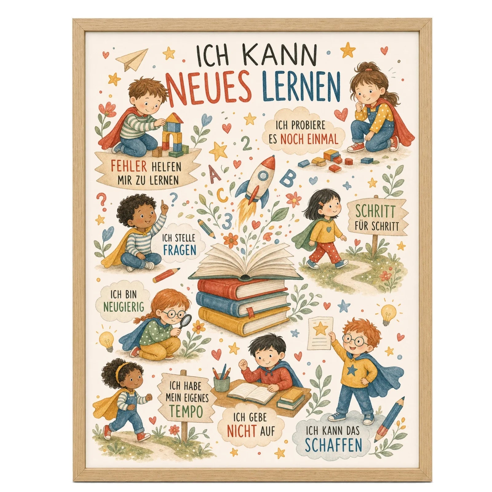 Affirmationsposter Kinderzimmer Wimmelbild Neues lernen, im Mädchenzimmer
