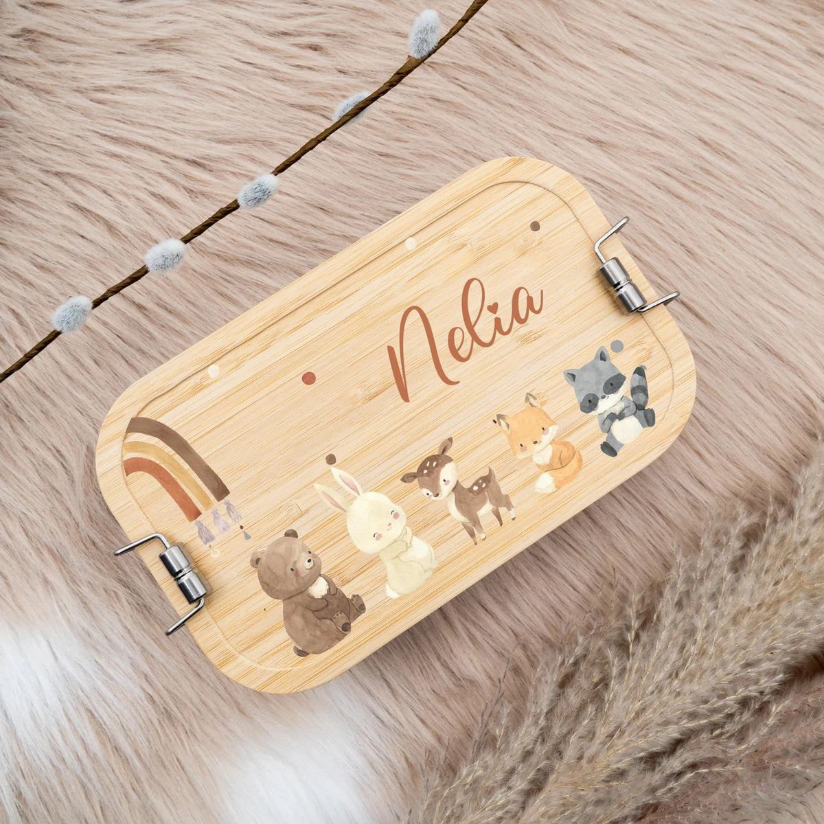 Brotdose Kinder personalisiert - Boho Tierfamilie Regenbogen