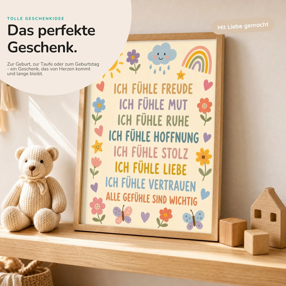 Affirmationsposter „Blumenwiese Gefühle“ mit Teddy – Geschenk zur Geburt oder Taufe