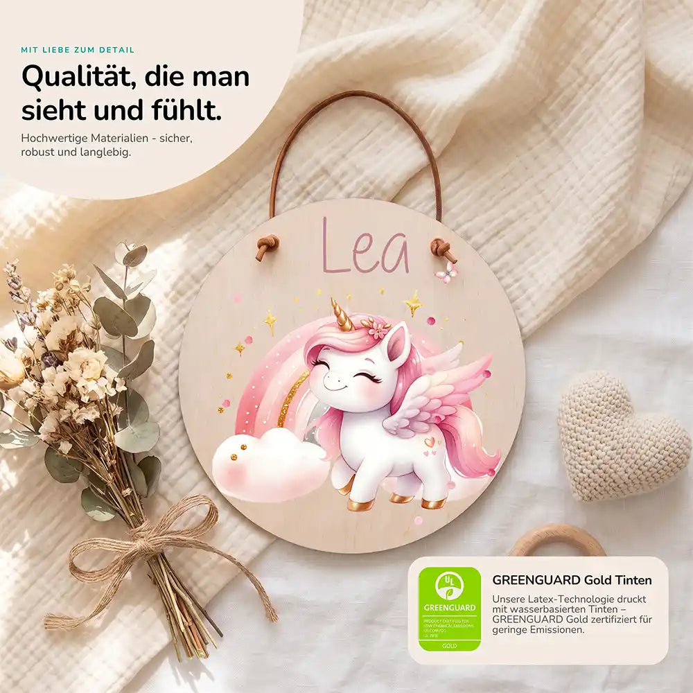 Türschild Kinderzimmer Einhorn, Detailansicht von Holz und Farbdruck