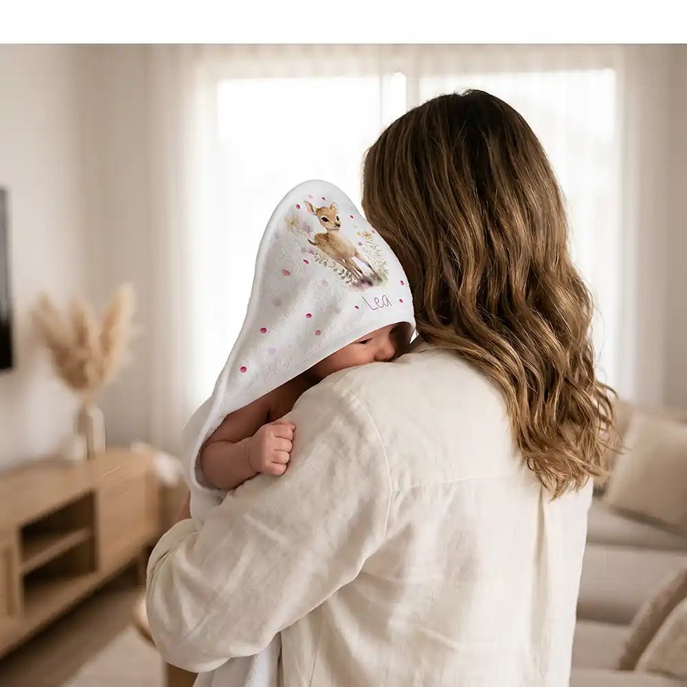 Personalisiertes Kapuzenhandtuch Baby Reh Wiese – Kuscheln nach dem Bad mit Mama
