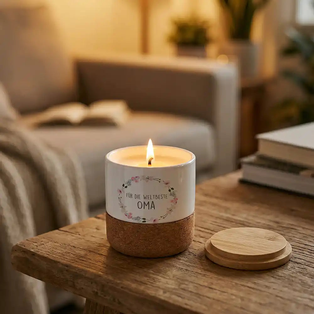 Duftkerze Vanille Keramik Oma Blumenkranz – abnehmbarer Bambusdeckel Detail