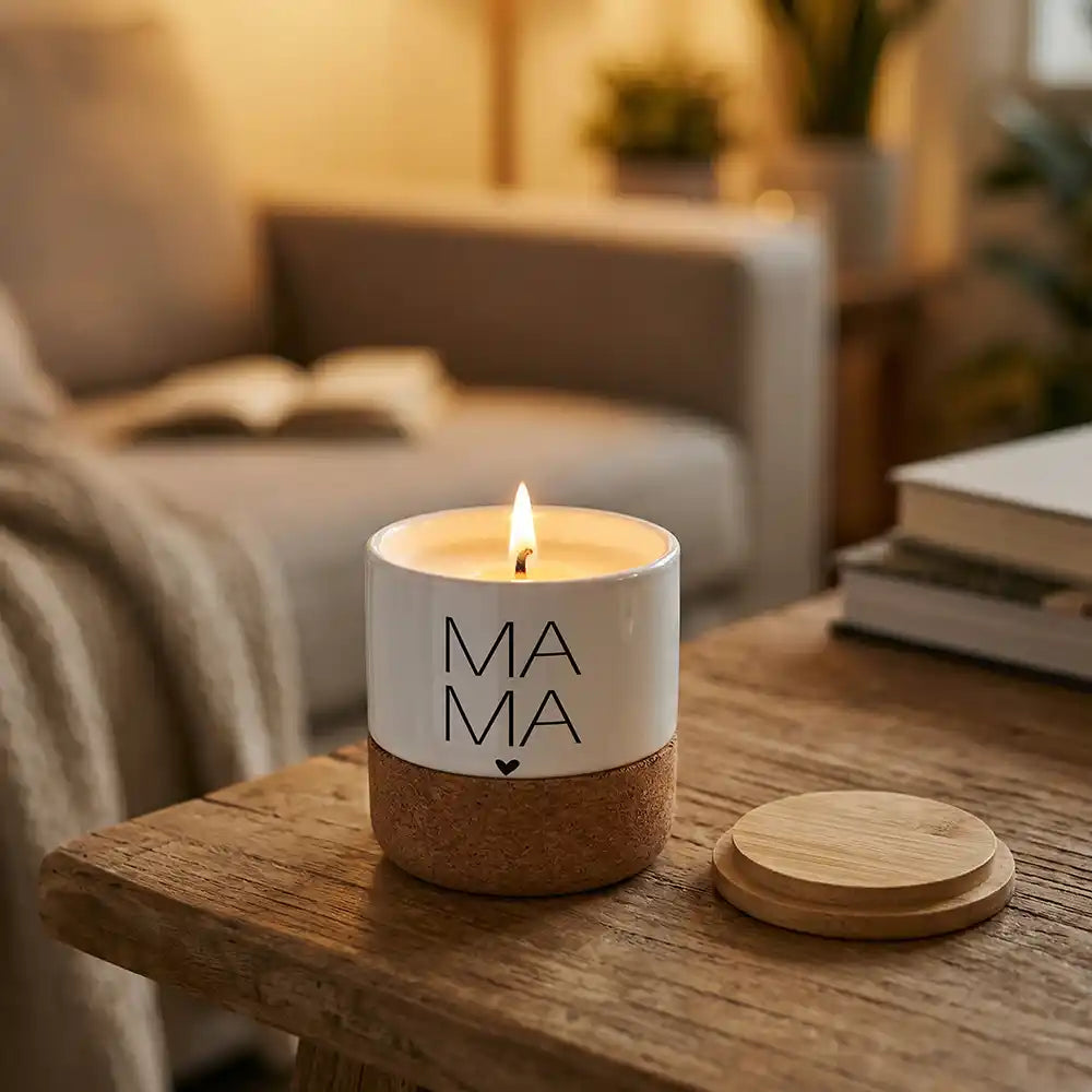 Duftkerze Vanille Keramik Mama Typografie – abnehmbarer Bambusdeckel Detail