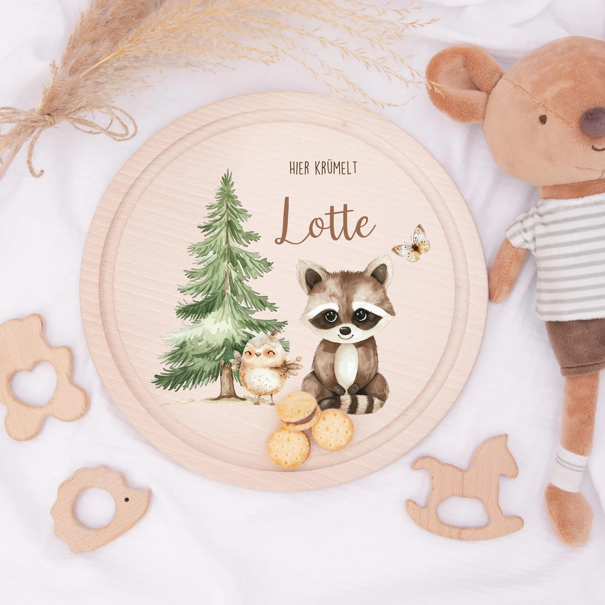 Rundes personalisiertes Frühstücksbrettchen Reh Waldtiere mit Namen für Kinder