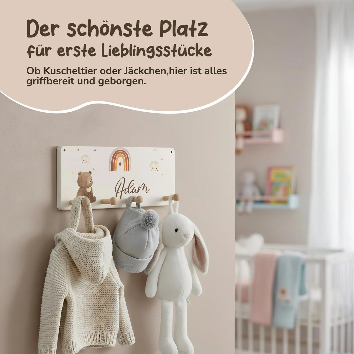 Kindergarderobe Holz personalisiert - Boho Bär Regenbogen