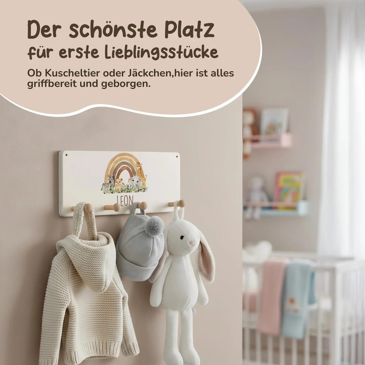 Kindergarderobe Holz personalisiert - Rainbow Animals