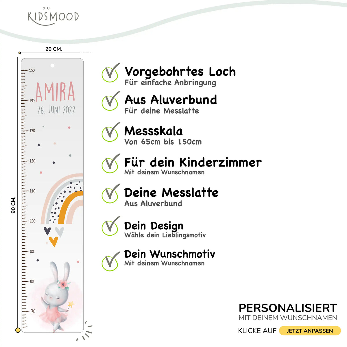 Messlatte Kinder Holz & Aluverbund - Hase & Regenbogen