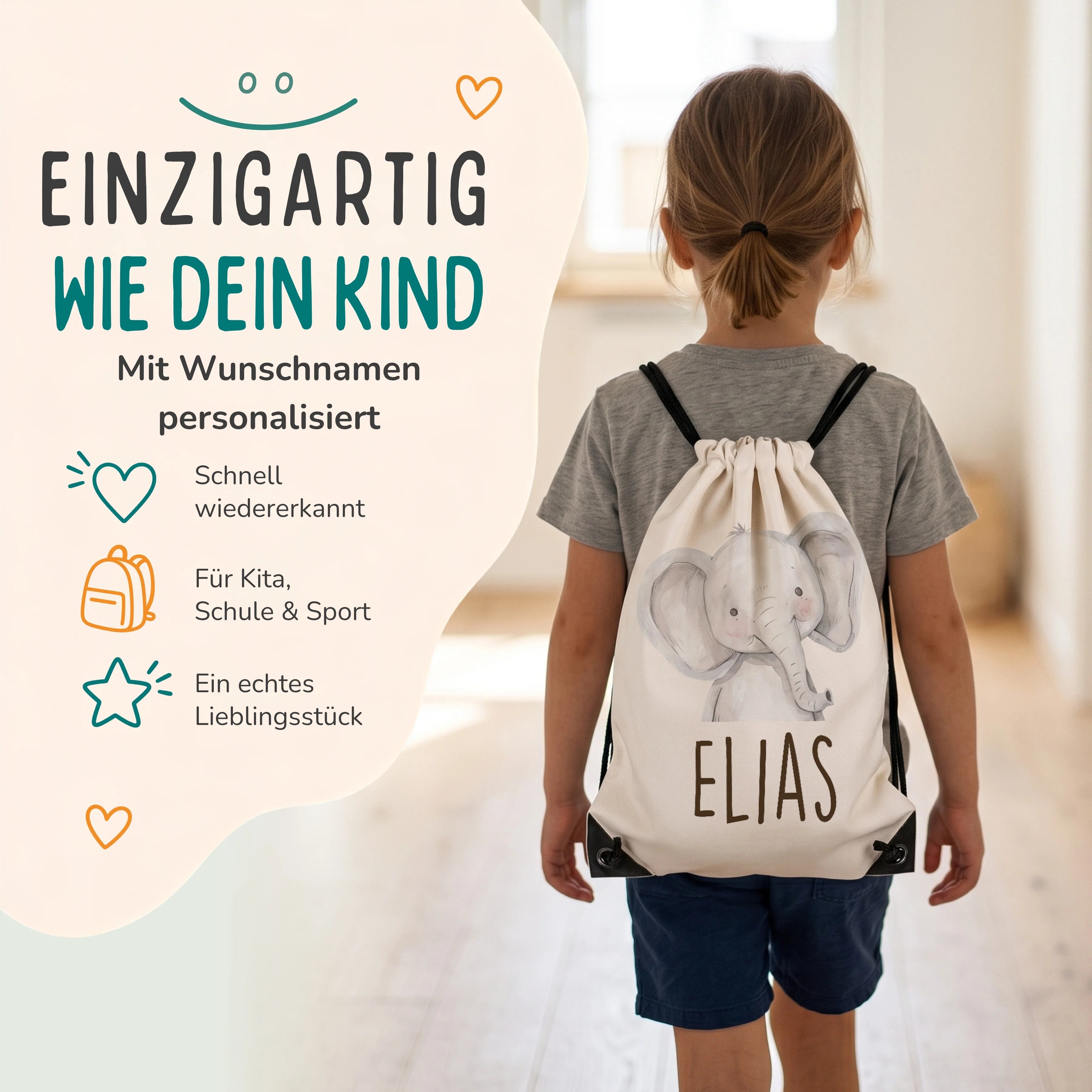Personalisierter Turnbeutel Baby Elefant, Kind trägt den Beutel auf dem Rücken