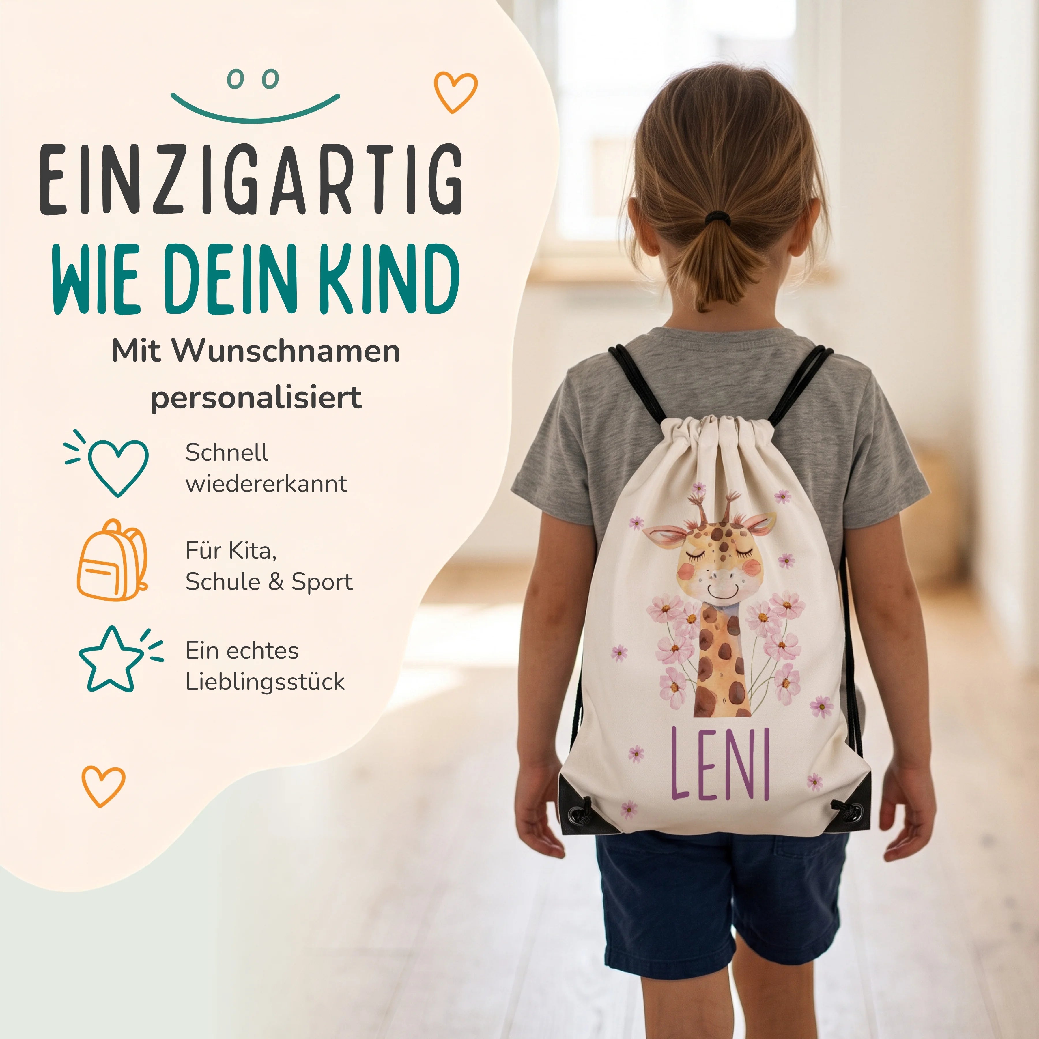 Personalisierter Turnbeutel Giraffe, Kind trägt den Beutel auf dem Rücken