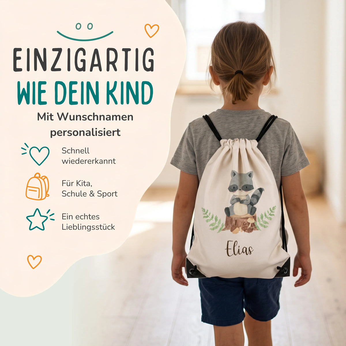 Personalisierter Turnbeutel Waschbär, Kind trägt den Beutel auf dem Rücken