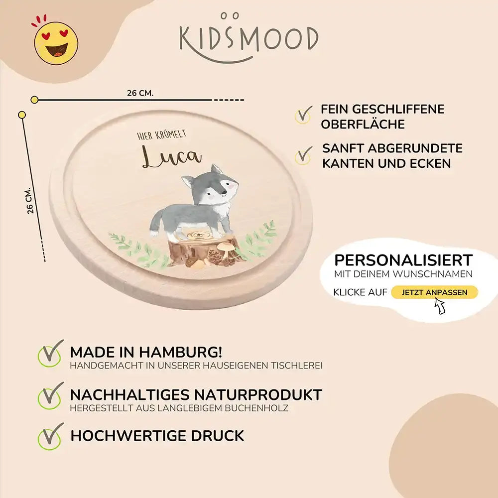 Rundes personalisiertes Frühstücksbrettchen Dachs mit Namen für Kinder