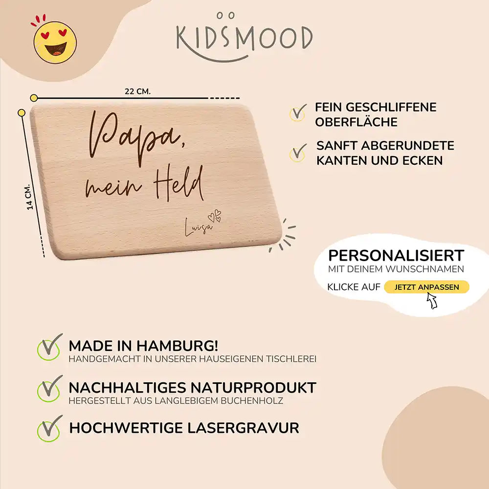 Frühstücksbrettchen Holz Papa mein Held mit Gravur - Geschenk Vatertag