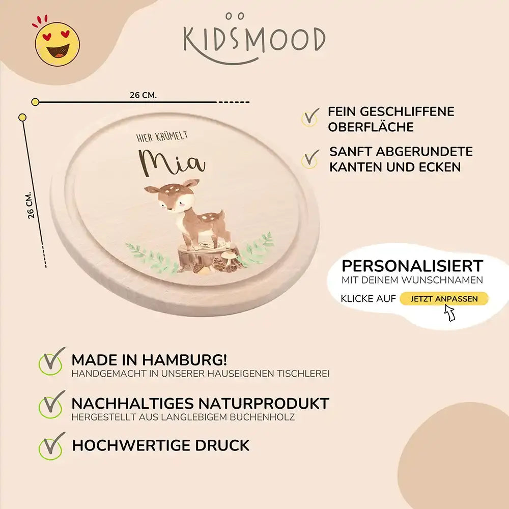 Rundes personalisiertes Frühstücksbrettchen Reh Waldtiere mit Namen für Kinder