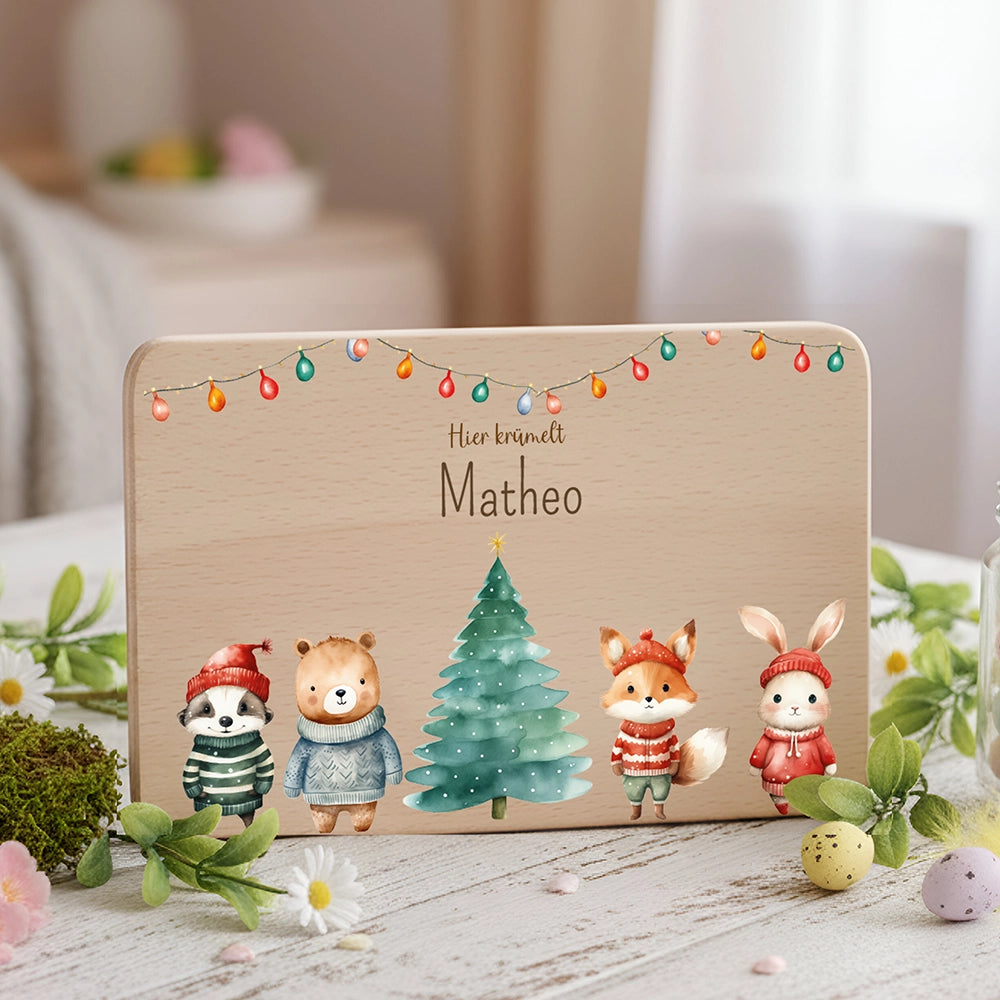 Frühstücksbrettchen Weihnachten mit Tieren und Lichterkette - Geschenk Weihnachten