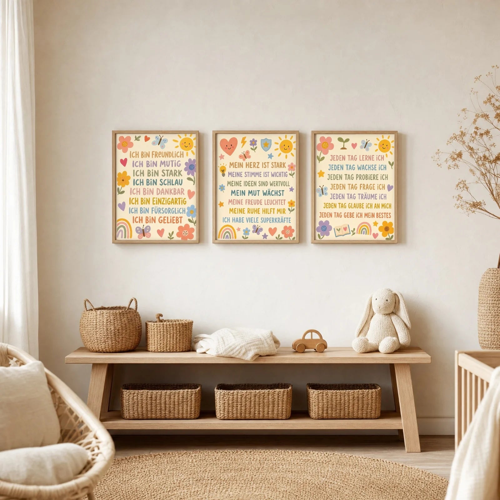 Affirmationsposter Kinderzimmer Blumenwiese Superkräfte, im Jungenzimmer