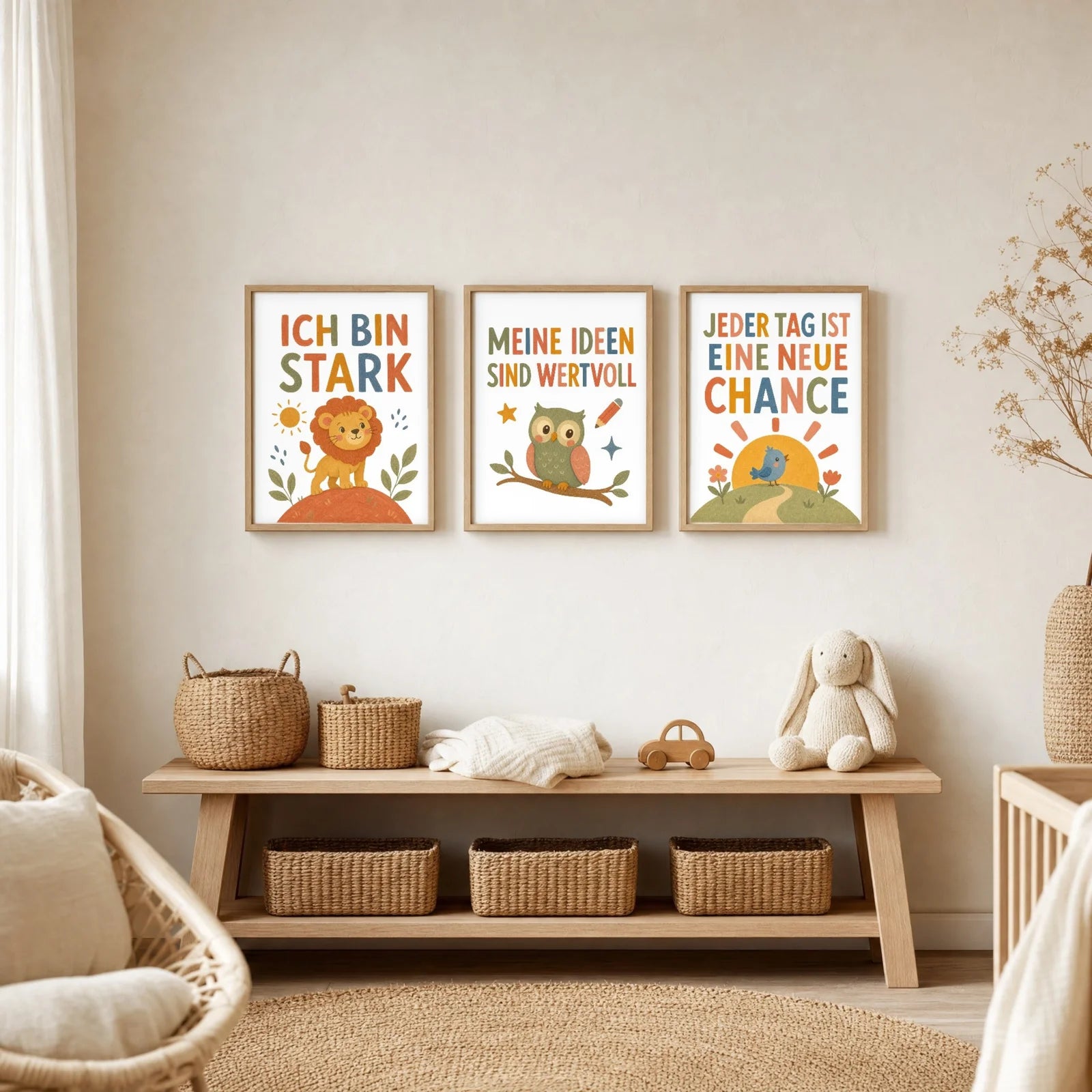 Affirmationsposter Kinderzimmer Eule Meine Ideen sind wertvoll, im Jungenzimmer