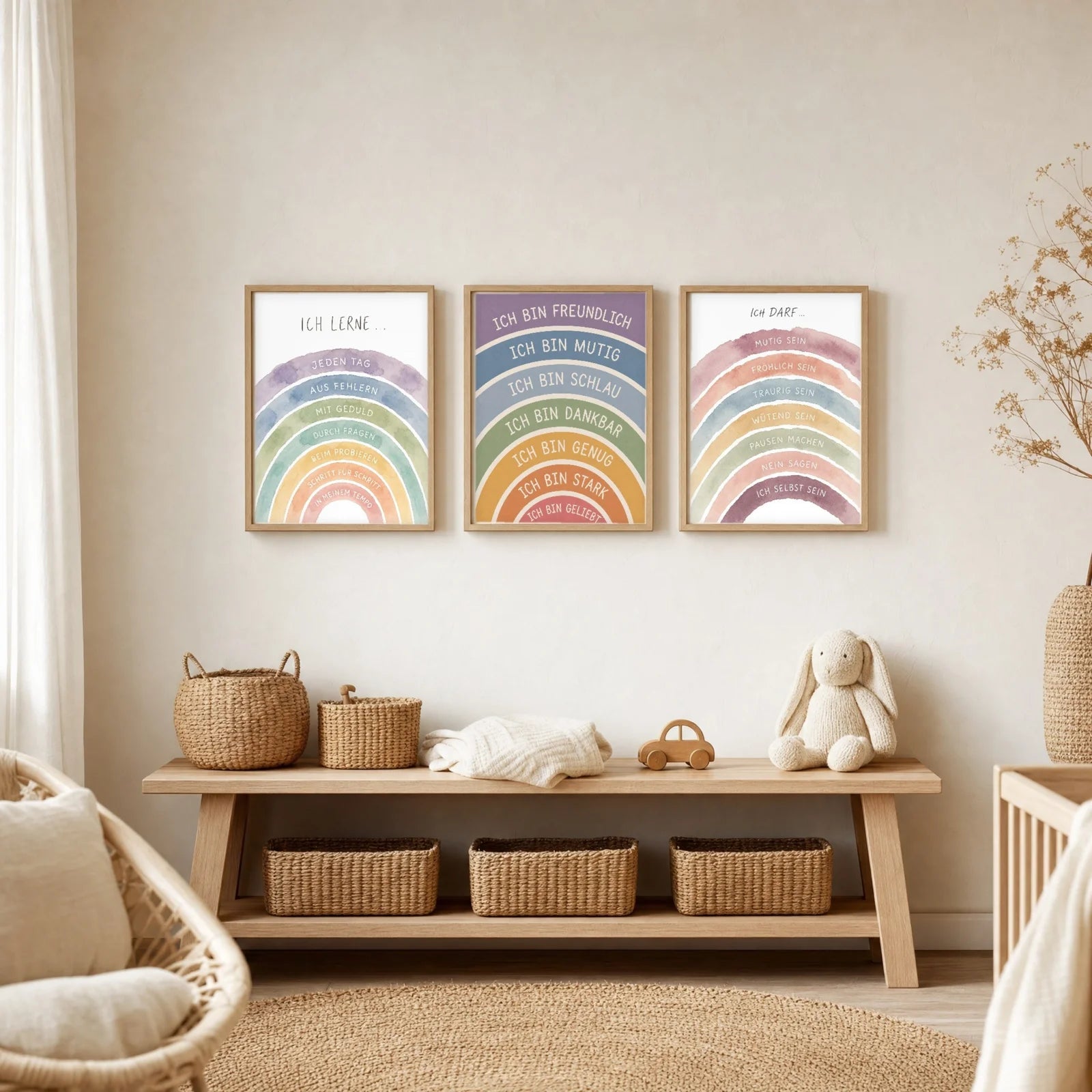 Affirmationsposter Kinderzimmer Regenbogen Ich bin freundlich, im Jungenzimmer