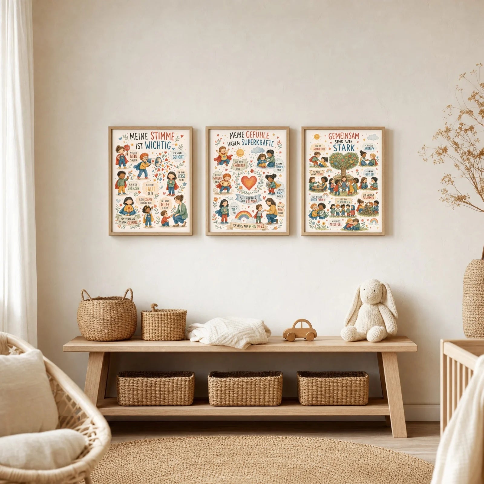 Affirmationsposter Kinderzimmer Wimmelbild Gefühle, im Jungenzimmer