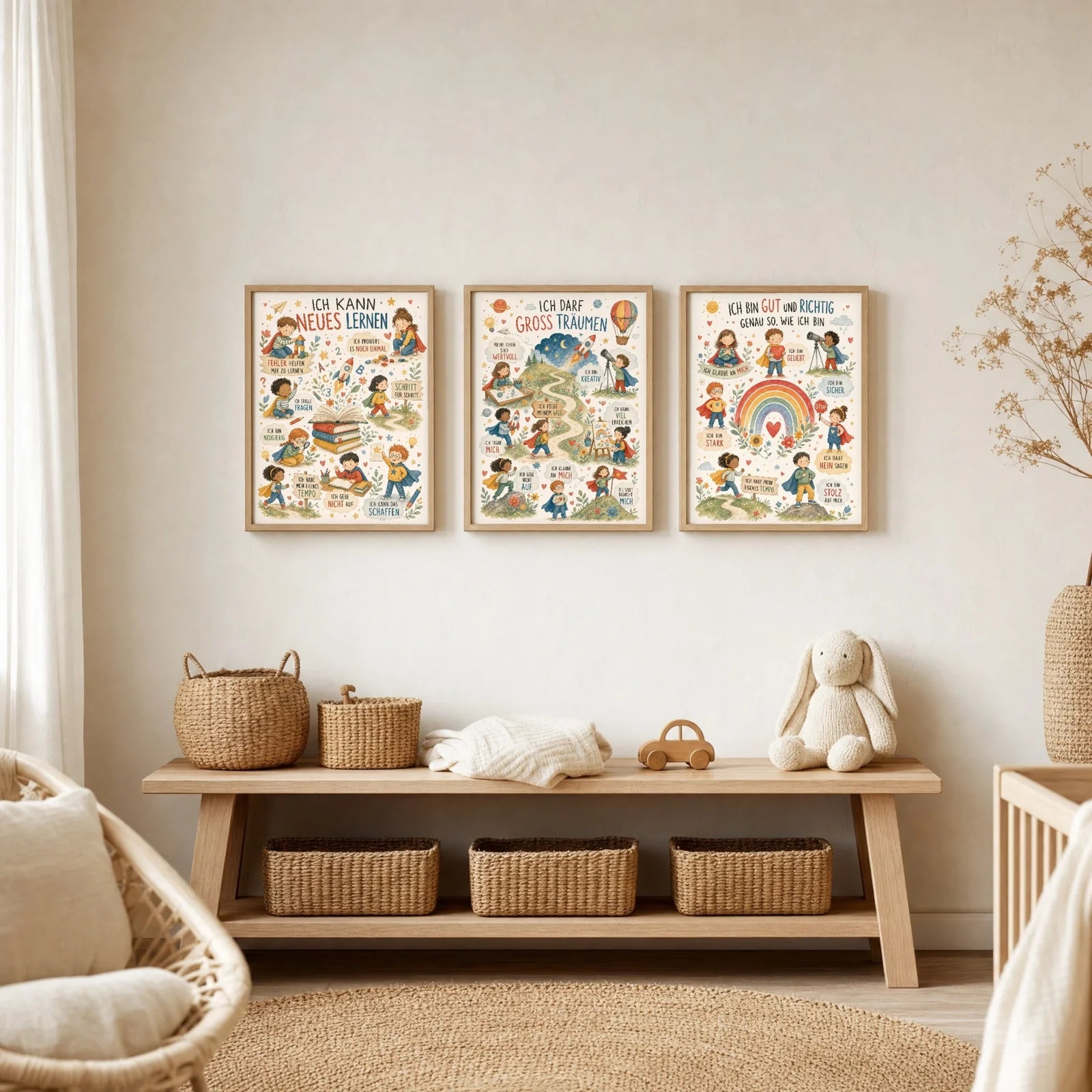 Affirmationsposter Kinderzimmer Wimmelbild Groß träumen, im Jungenzimmer