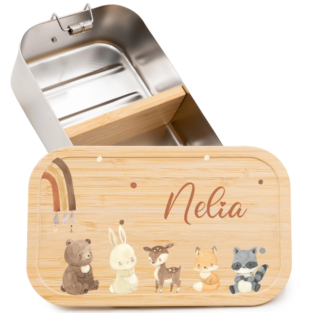 Brotdose Kinder personalisiert - Boho Tierfamilie Regenbogen