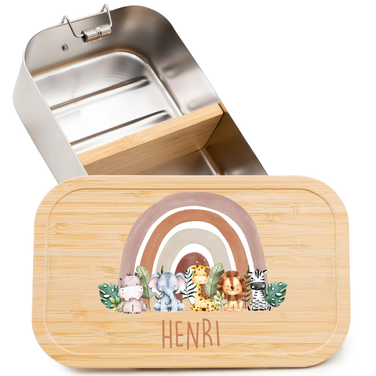 Brotdose Kinder personalisiert - Tierfamilie unter Regenbogen