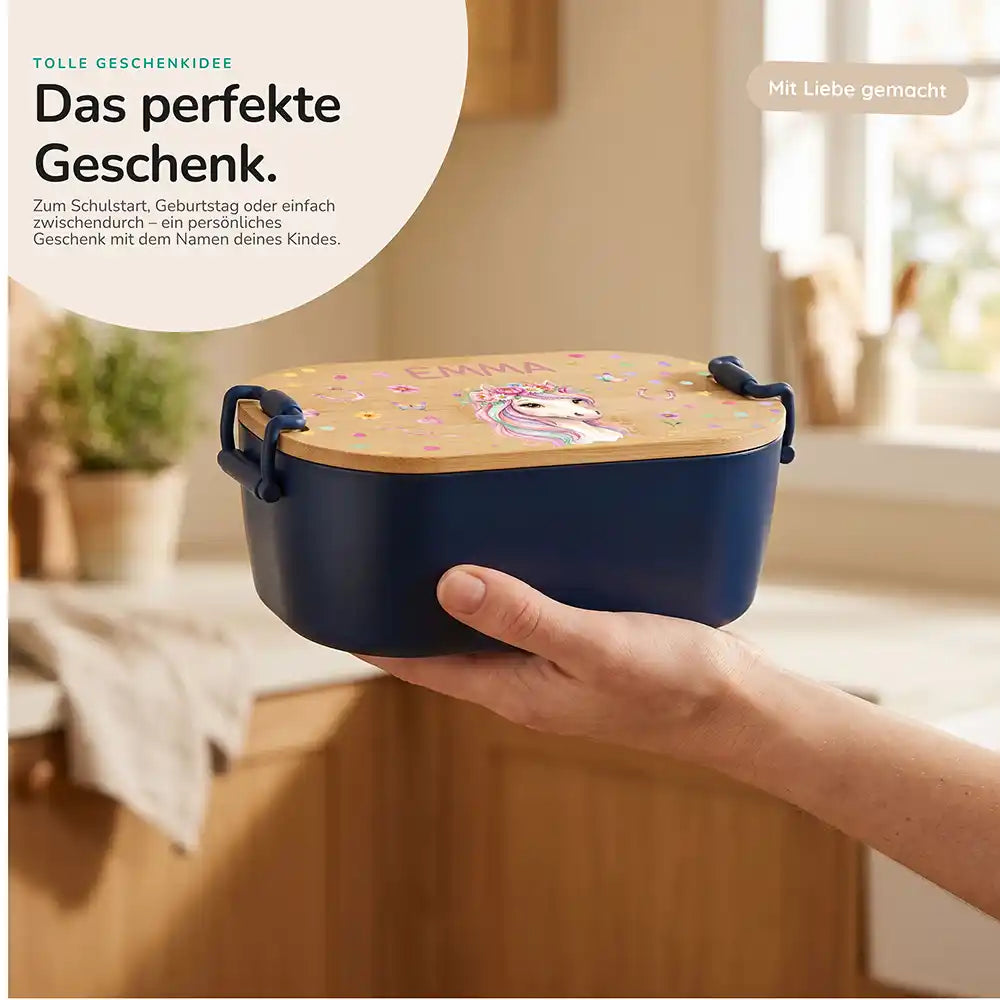Brotdose Kinder personalisiert Einhorn Blumenkranz, Geschenk zum Schulstart mit Wunschname