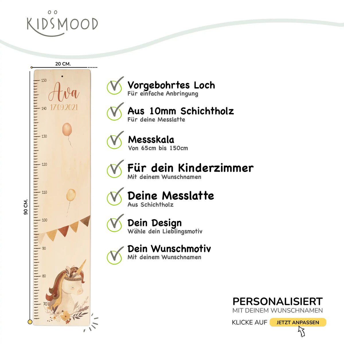 Messlatte Kinder Holz & Aluverbund - EInhorn
