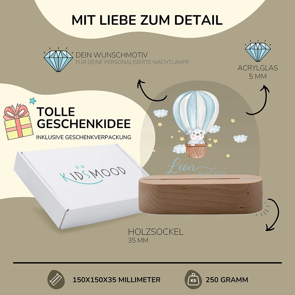 Nachtlicht Heißluftballon personalisiert – 150 × 150 × 35 mm, 5 mm Acrylglas, Holzsockel, mit Geschenkverpackung
