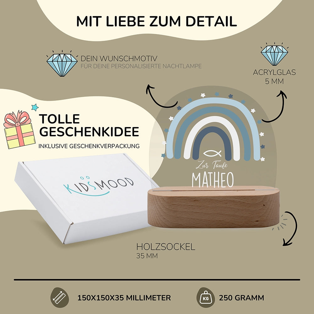 Nachtlicht Regenbogen personalisiert – 150 × 150 × 35 mm, 5 mm Acrylglas, Holzsockel, mit Geschenkverpackung