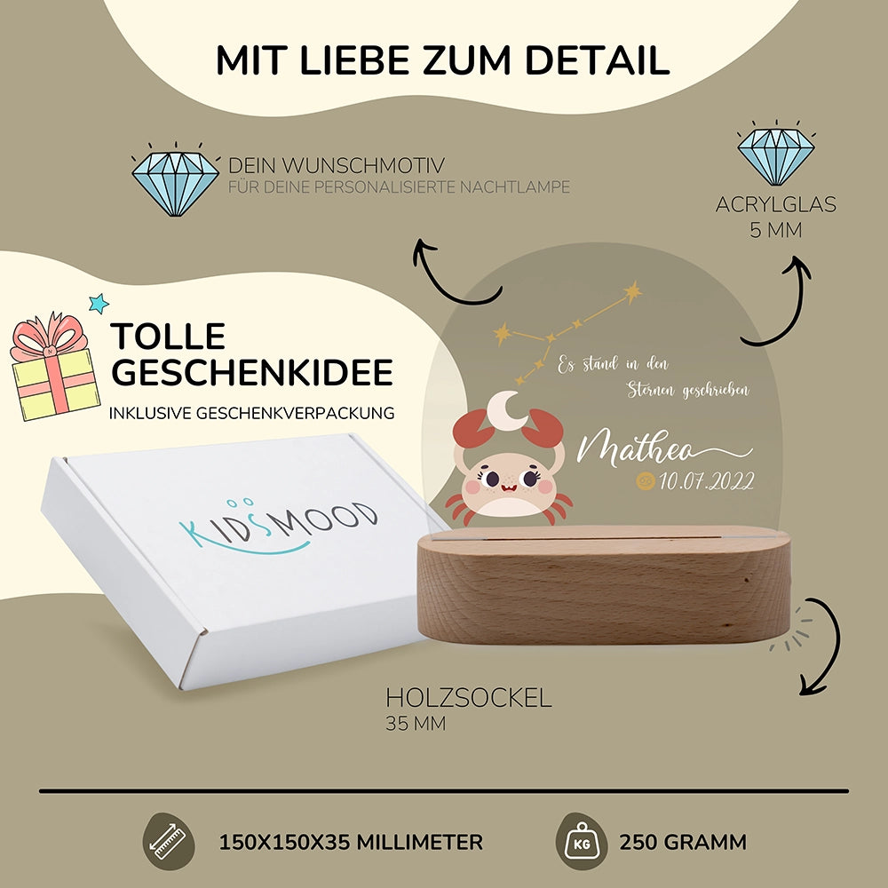Nachtlicht Sternzeichen Krebs personalisiert – 150 × 150 × 35 mm, 5 mm Acrylglas, Holzsockel, mit Geschenkverpackung