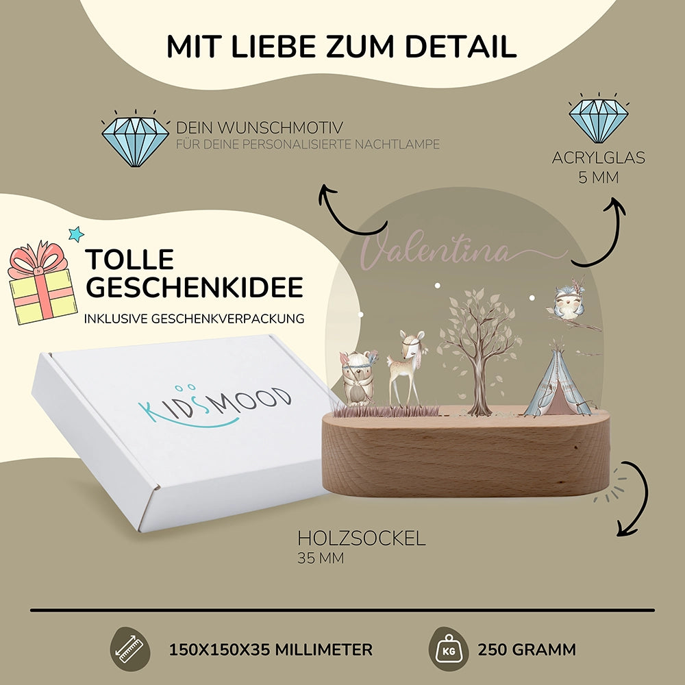 Nachtlicht Waldtiere personalisiert – 150 × 150 × 35 mm, 5 mm Acrylglas, Holzsockel, mit Geschenkverpackung