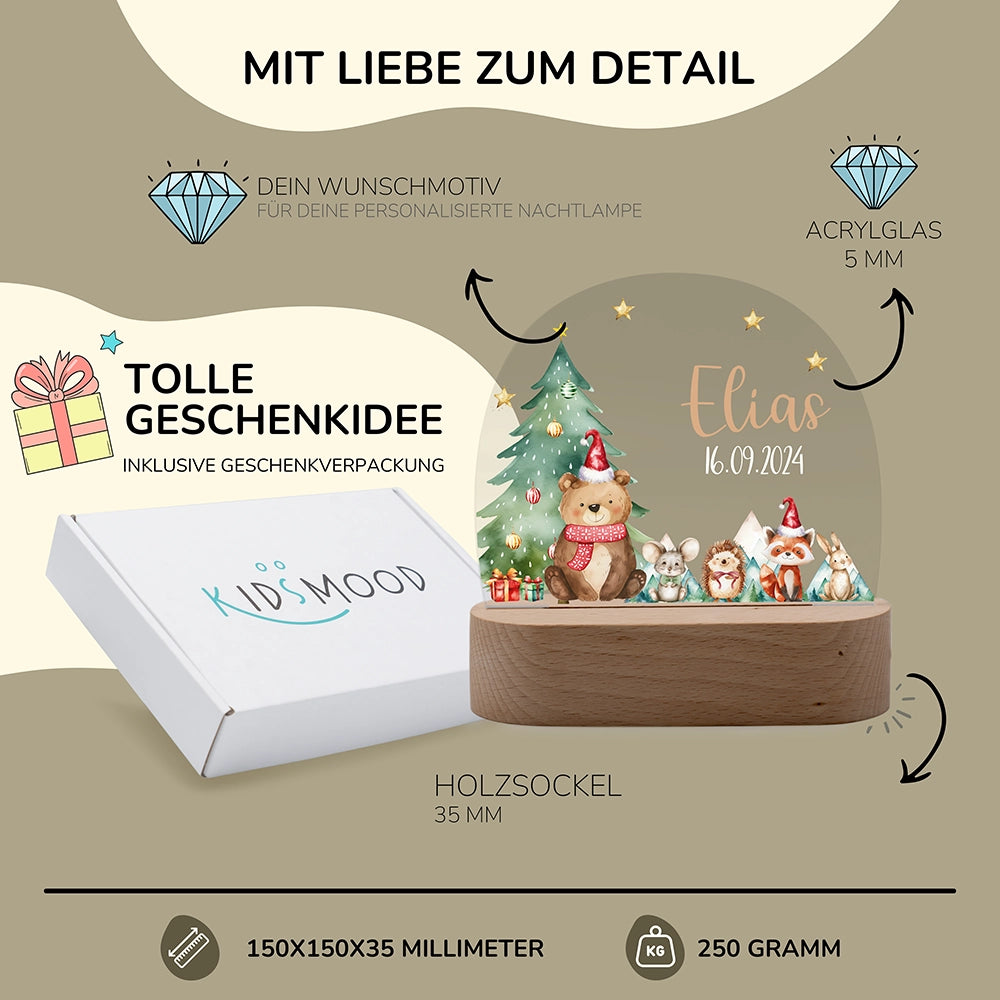Nachtlicht Bär personalisiert – 150 × 150 × 35 mm, 5 mm Acrylglas, Holzsockel, mit Geschenkverpackung