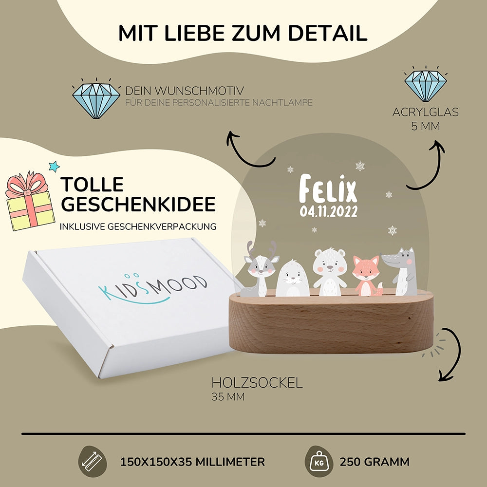 Nachtlicht Tiere personalisiert – 150 × 150 × 35 mm, 5 mm Acrylglas, Holzsockel, mit Geschenkverpackung