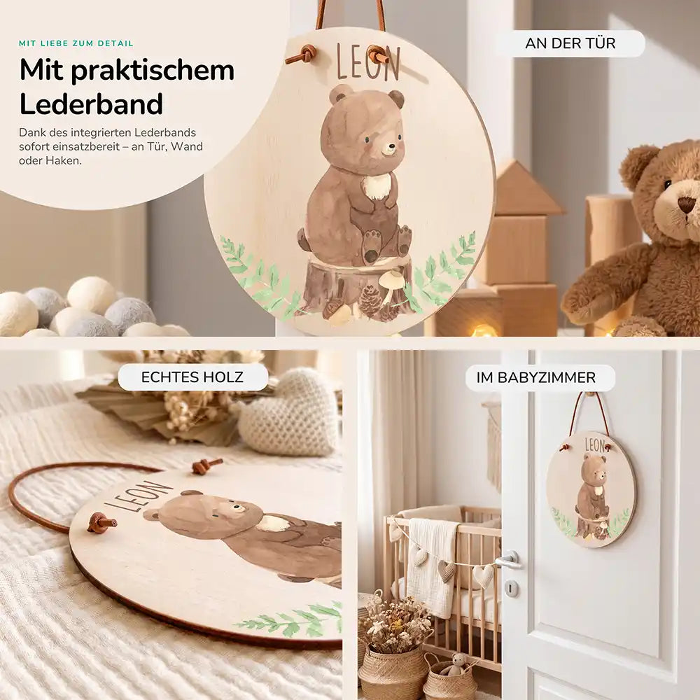 Türschild Kinderzimmer Bär im Wald, im Größenvergleich, Ø 14 cm und Ø 20 cm