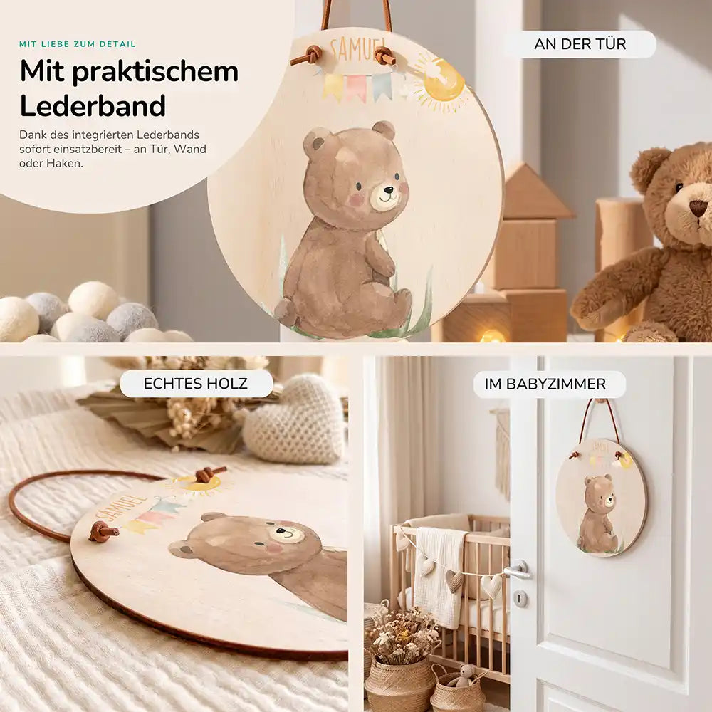 Türschild Kinderzimmer Bär mit Wimpelkette, im Größenvergleich, Ø 14 cm und Ø 20 cm