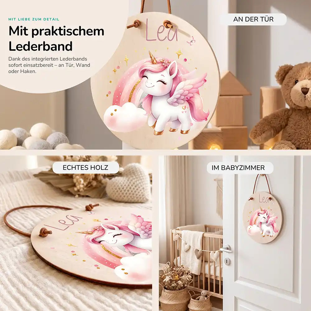 Türschild Kinderzimmer Einhorn, im Größenvergleich, Ø 14 cm und Ø 20 cm