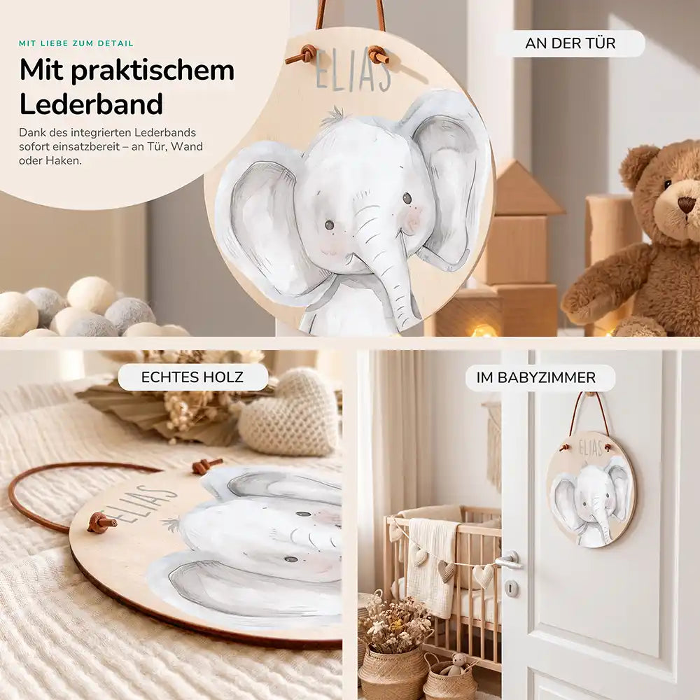 Türschild Kinderzimmer Elefant Porträt, im Größenvergleich, Ø 14 cm und Ø 20 cm