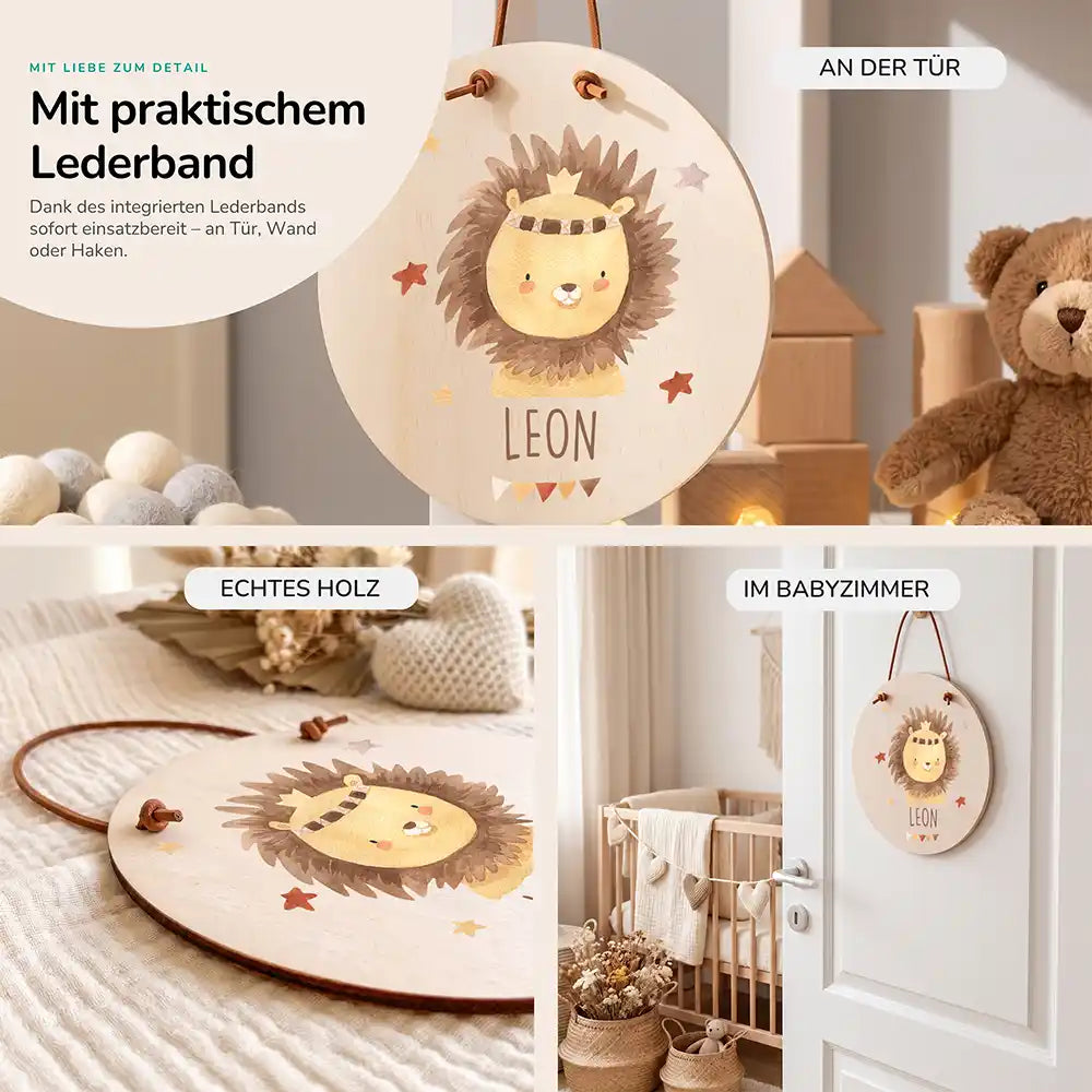 Türschild Kinderzimmer Löwe mit Krone, im Größenvergleich, Ø 14 cm und Ø 20 cm