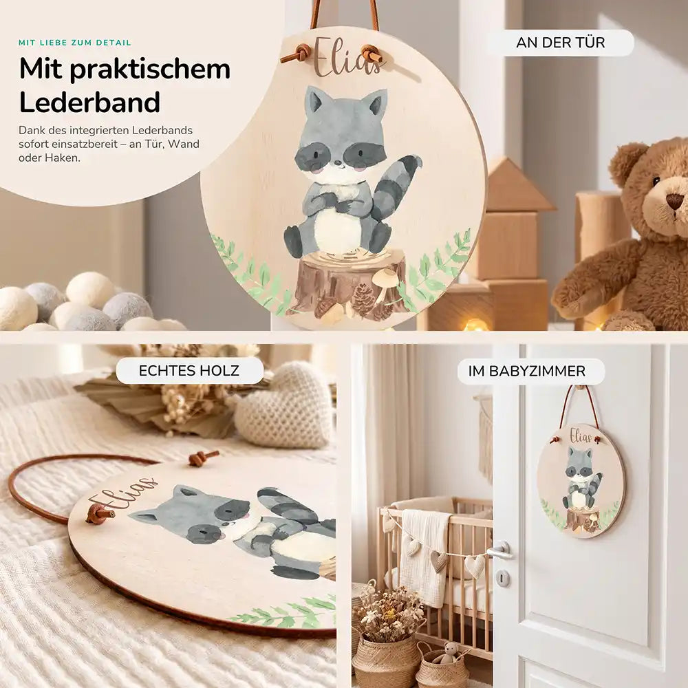 Türschild Kinderzimmer Waschbär im Wald, im Größenvergleich, Ø 14 cm und Ø 20 cm