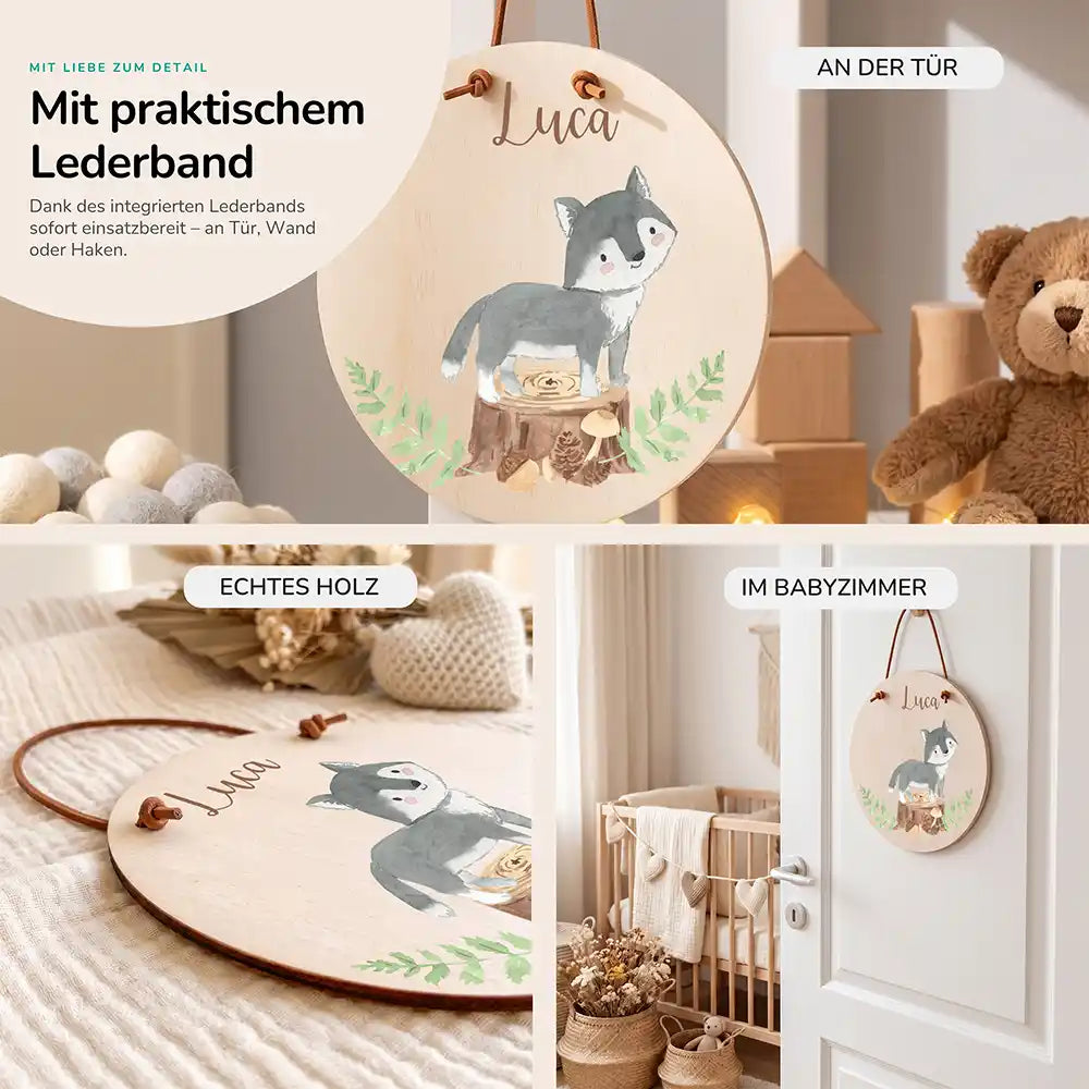 Türschild Kinderzimmer Wolf im Wald, im Größenvergleich, Ø 14 cm und Ø 20 cm