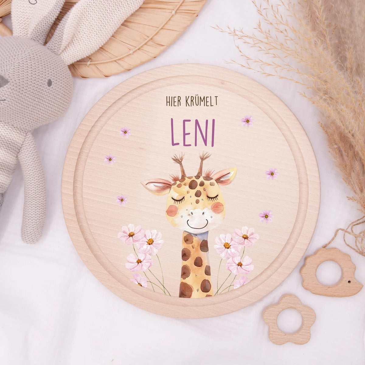 Rundes personalisiertes Frühstücksbrettchen Giraffe mit Namen für Kinder