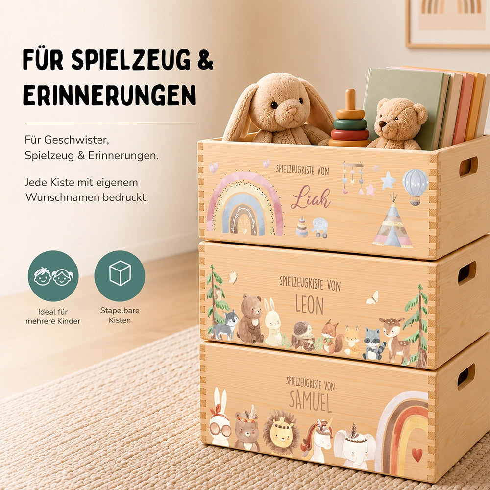 Spielzeugkiste personalisiert mit Namen - Baby Reh mit Regenbogen